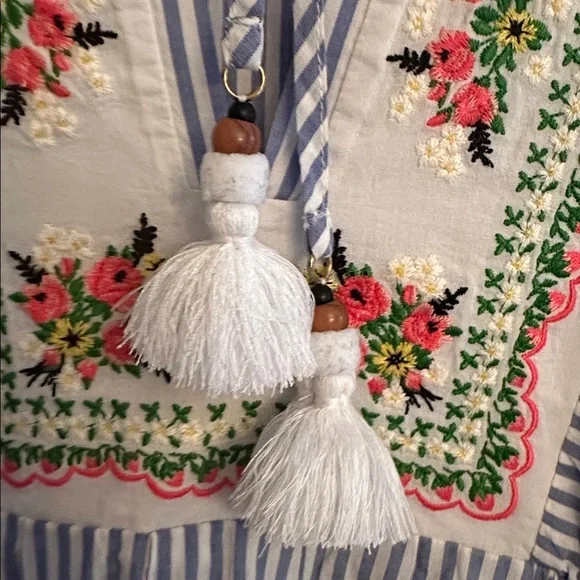 TORY BURCH STRIPED EMBROIDERED COTTON BEACH COVER-UP. - Picture 4 of 6